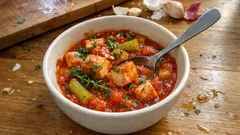 Šťavnaté rybí kostky v rajčatové omáčce s celerem – hotové z jedné pánve